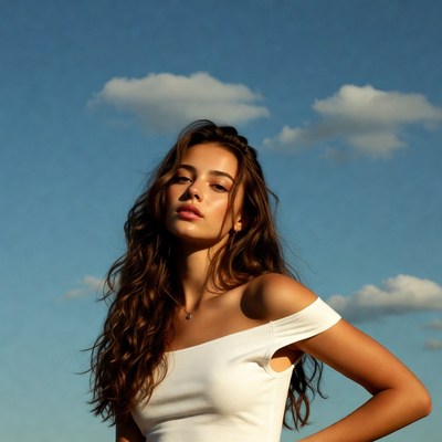 Model poses against blue sky