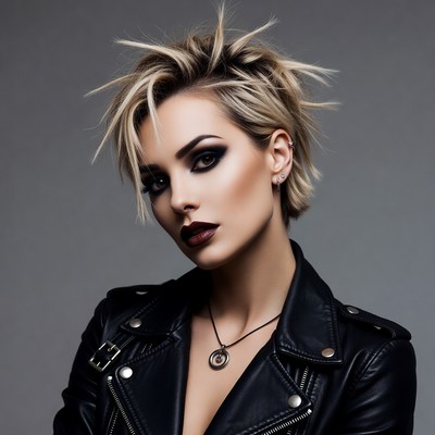 Model with short hair poses in leather