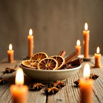 Candles and spices on a wooden table