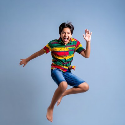 Boy jumping in colorful shirt