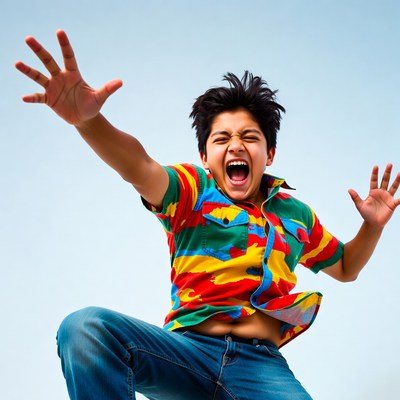 Boy expressing joy in bright shirt