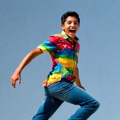 Boy jumping in colorful shirt