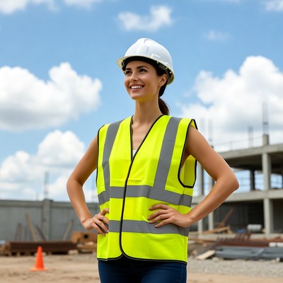 Construction site worker stands proudly