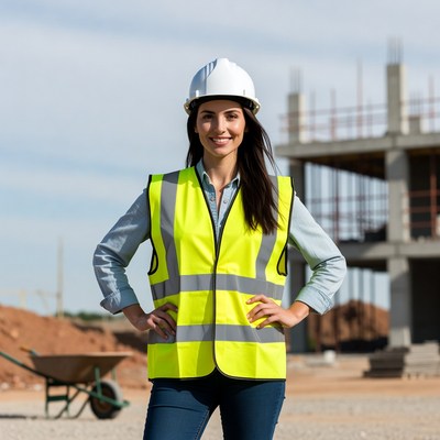 Woman at construction site wearing safety gear