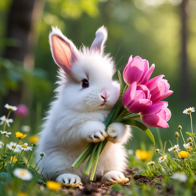 Cute rabbit holding flowers in spring