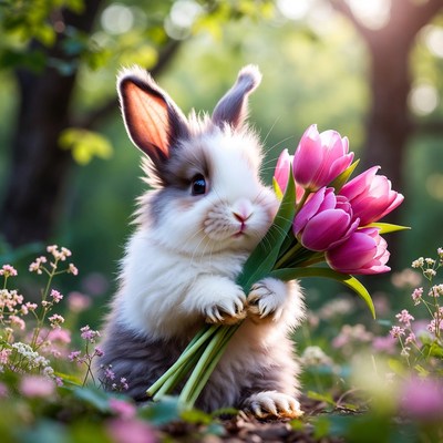 Rabbit holding flowers in garden