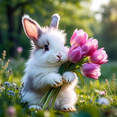 Rabbit holding flowers in a garden