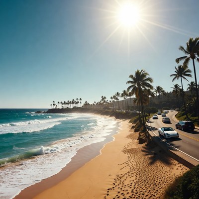 Sunny beach road with palm trees