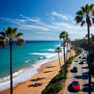 Road along the beach with palm trees