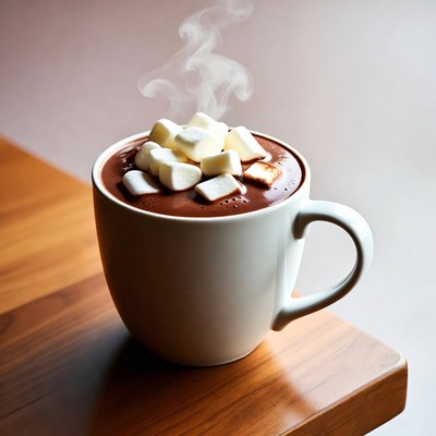 Hot chocolate with marshmallows on wooden table