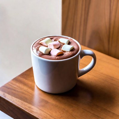 Hot chocolate with marshmallows on wood