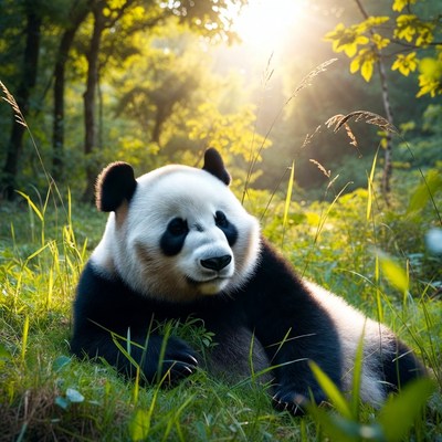 Panda resting in forest during sunlight hours