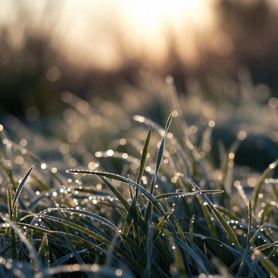 Morning frost on grass at dawn