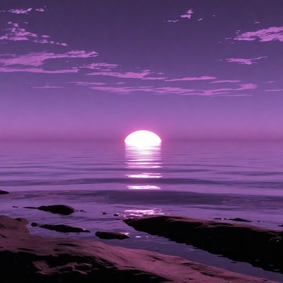 Sunset over calm water near rocks