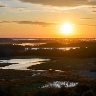 Sunset over river and wetlands