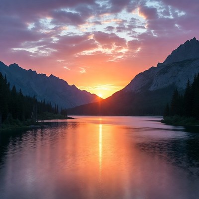 Sunset over the mountain lake