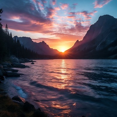 Sunset at mountain lake