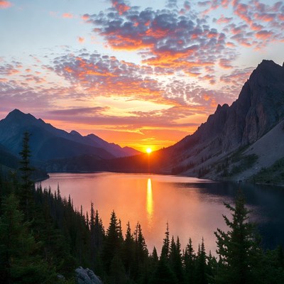 Sunset over mountain lake landscape