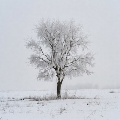 Frost covered tree stands alone in winter