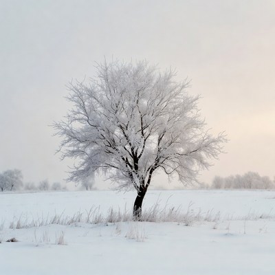 Snow-covered tree in winter landscape