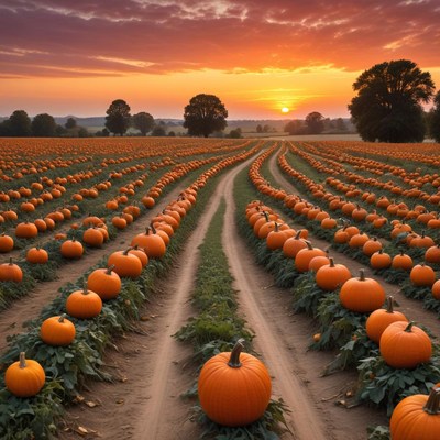 Pumpkin field at sunset with rows of pumpkins