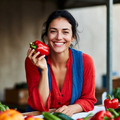 Woman holding a red pepper in market