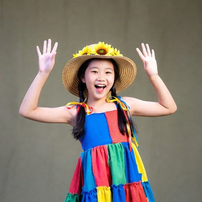 Girl in colorful dress waving