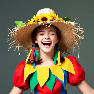 Girl wearing straw hat with sunflowers