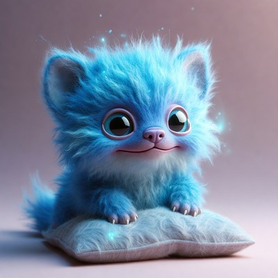 Blue furry creature sitting on pillow