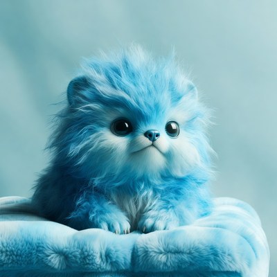 Cute blue fluffy animal on a soft bed