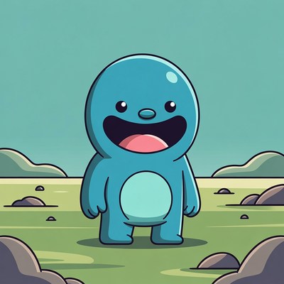 Blue character stands in green field