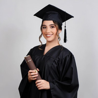 Graduate celebrating achievement in cap and gown