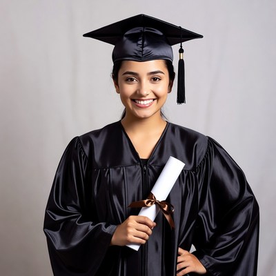 Graduate holding diploma in cap and gown