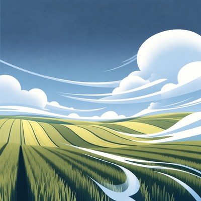 Fields under a blue sky with clouds