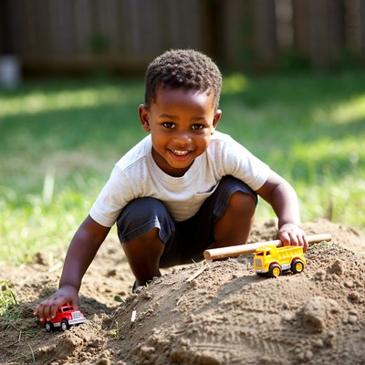 Playing with toy trucks in the backyard