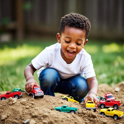 Child playing with toy trucks outdoors