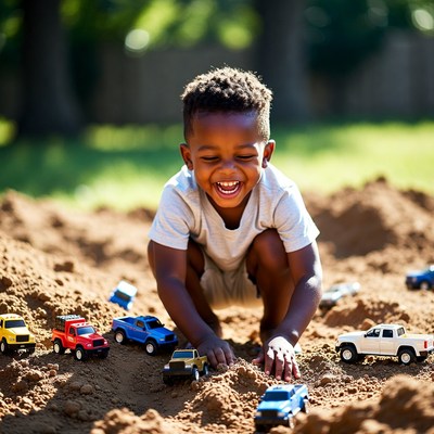 Child playing with toy trucks outside