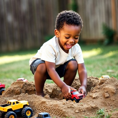 Child playing with toy trucks in dirt
