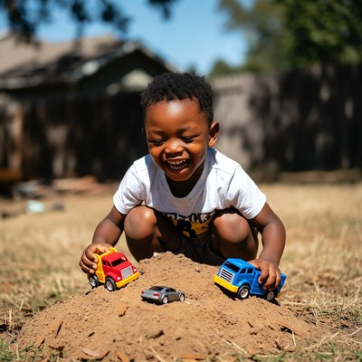 Boy playing with toy cars in dirt