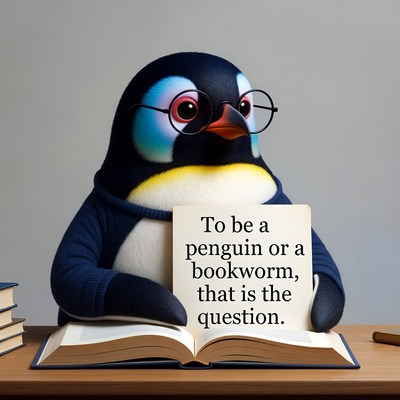 Penguin reading a book with glasses