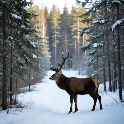 Deer standing in snowy forest