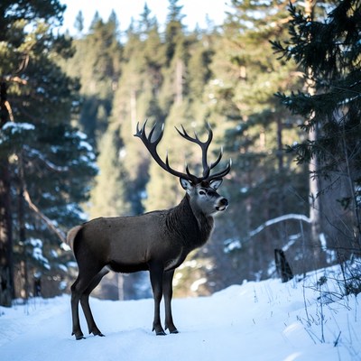 Deer stands on snowy path in forest