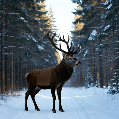 Deer standing in snowy forest