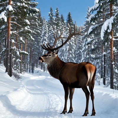 Deer stands on snowy path in forest