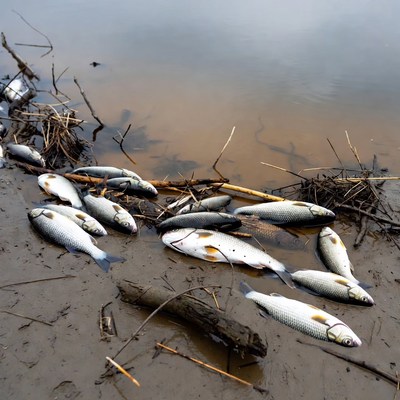 Fish washed up on riverbank