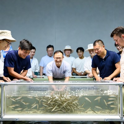 Group observes fish tank