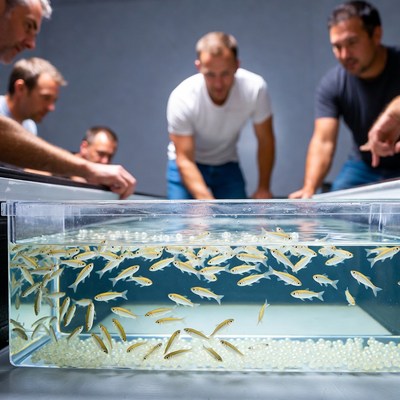 Group of people observing fish tank