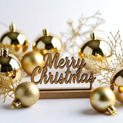 Gold ornaments and greeting for holiday