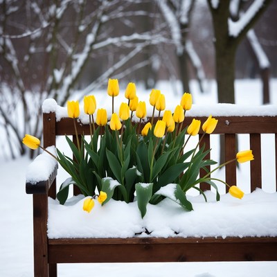 Yellow tulips on snow-covered bench in winter