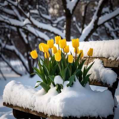 Yellow tulips in winter snow
